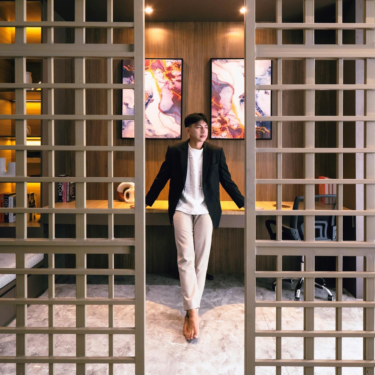 Light-filled modern interior with timber parabet dividers creating spatial flow
